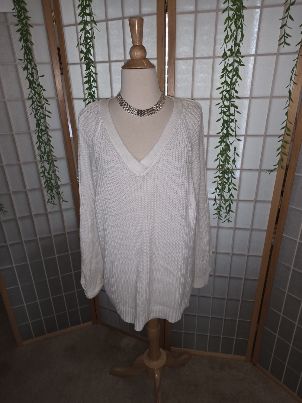 Lane Bryant Cream V-Neck Ribbed Knit Sweater